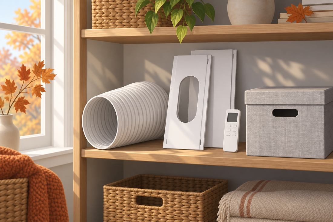 AI illustration of generic portable-AC storage accessories; not proof of UKOKE package contents