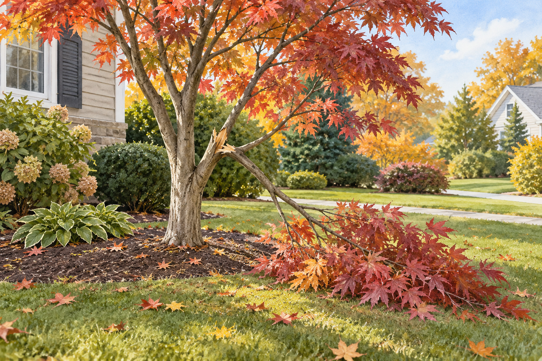 AI illustration of a broken low branch on an ornamental tree after an autumn windstorm