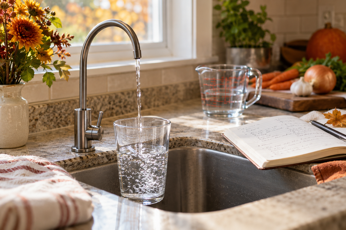 AI illustration of a gentle stream from a dedicated drinking-water faucet into a glass in an autumn kitchen