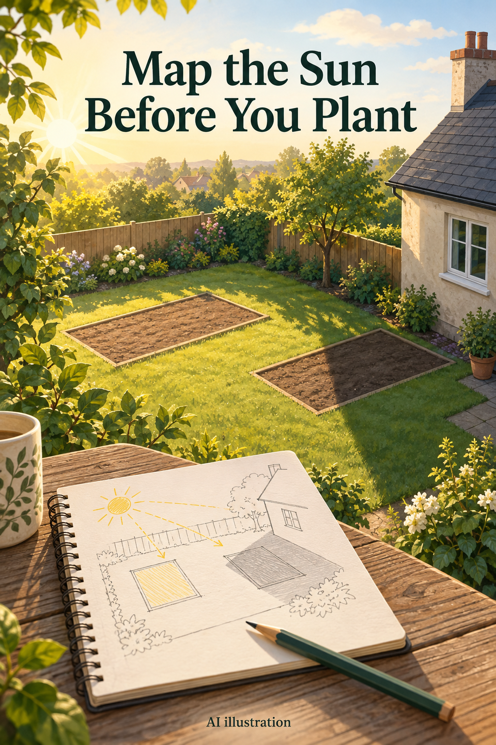 AI illustration of two possible garden beds in sun and shade beside a yard sketch; text reads Map the Sun Before You Plant.