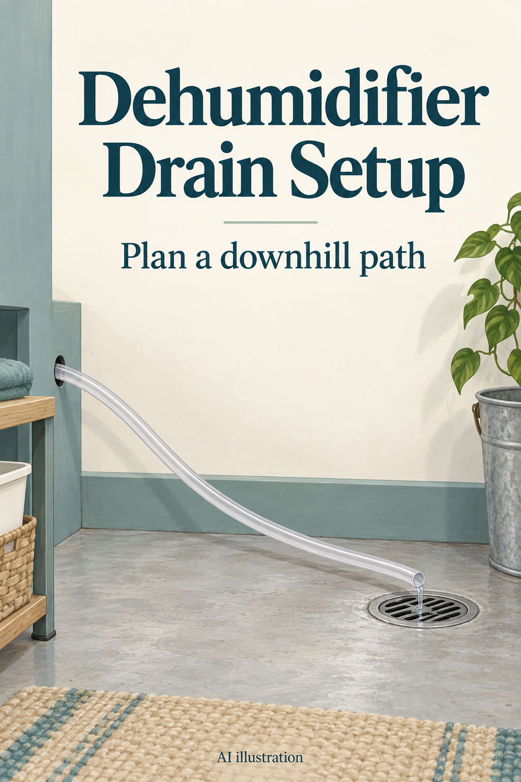 AI illustration of a descending hose above a floor drain, with the words Dehumidifier Drain Setup; conceptual route, not a measured installation diagram.