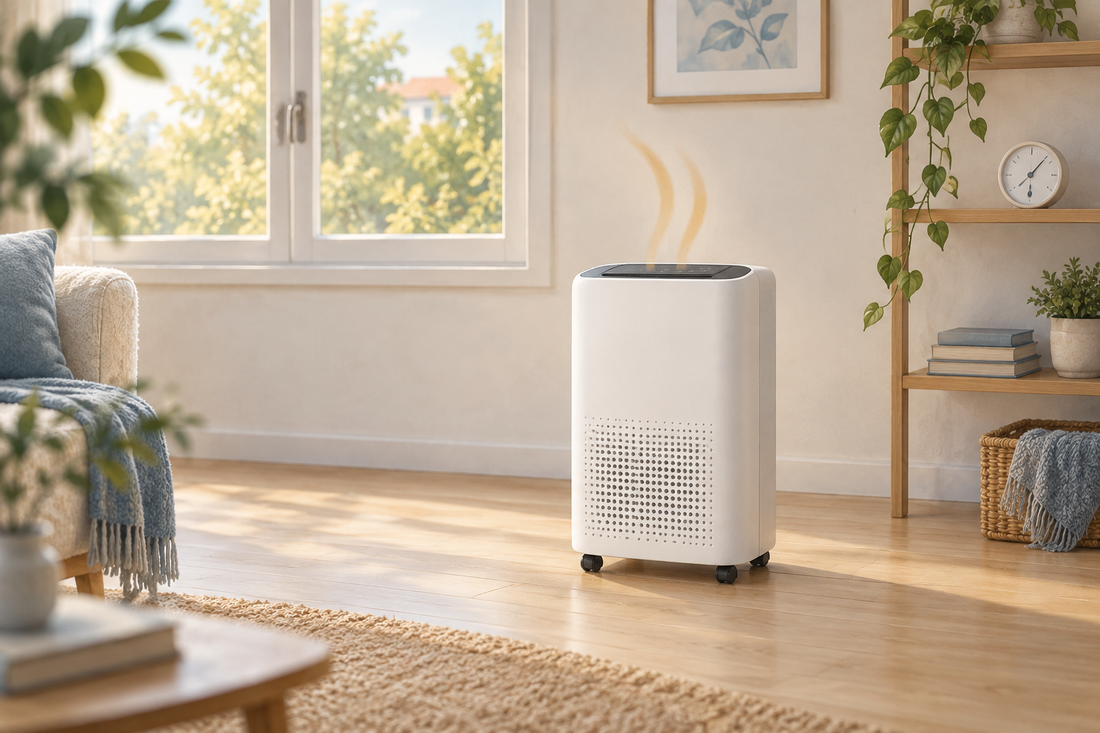 AI-generated illustration of a white portable dehumidifier with unobstructed top airflow in a dry room