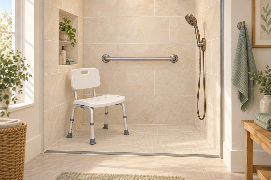 AI-generated illustration of an unoccupied seated shower with a handheld head and separate support bar