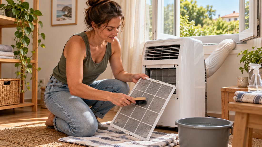 AI illustration of cleaning a portable air conditioner filter before hot weather