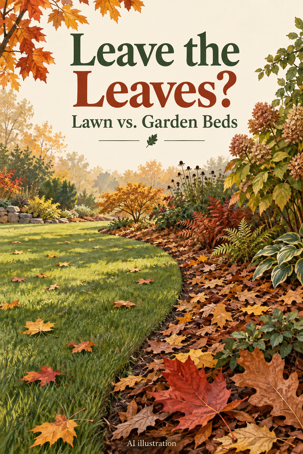 AI illustration of sparse fallen leaves on a lawn beside intact leaf litter in a garden bed, with the words Leave the Leaves?