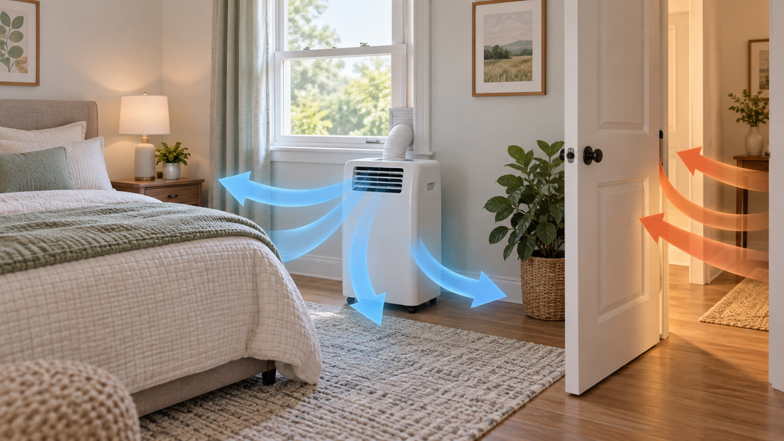 AI illustration of a portable air conditioner cooling a bedroom while warm air enters through an open door