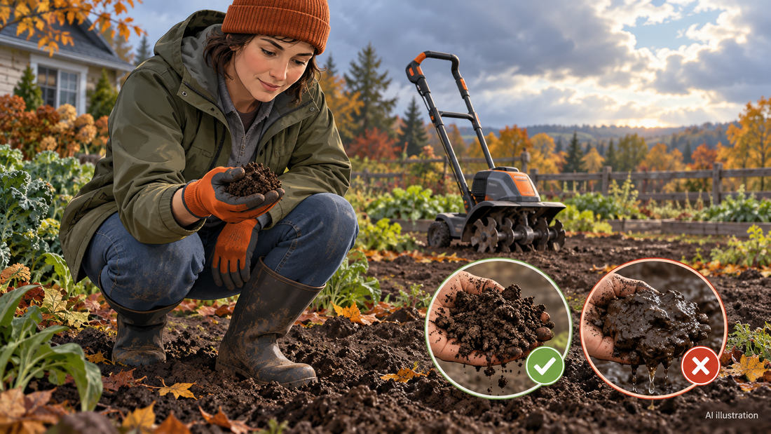 AI illustration showing a soil moisture test before using a cordless garden tiller