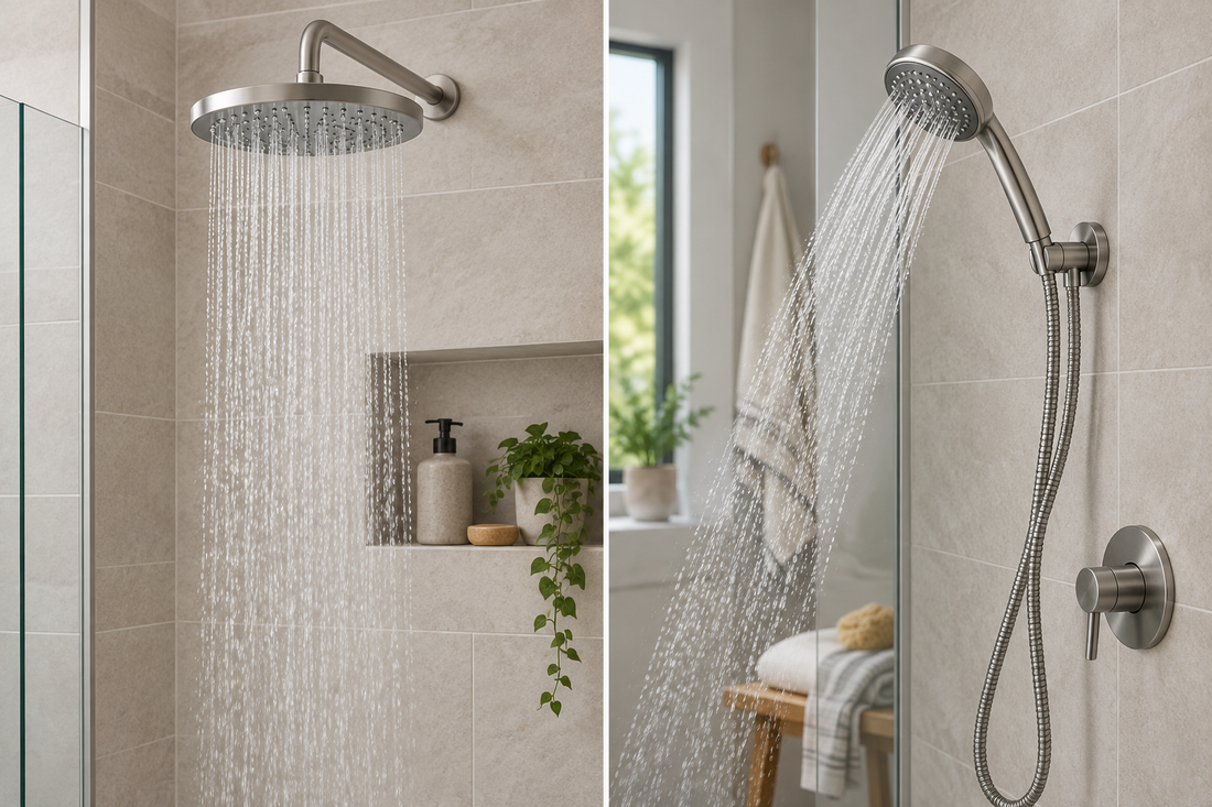 AI illustrative image for should you choose a fixed or handheld shower head for your bathroom?; not a product photograph