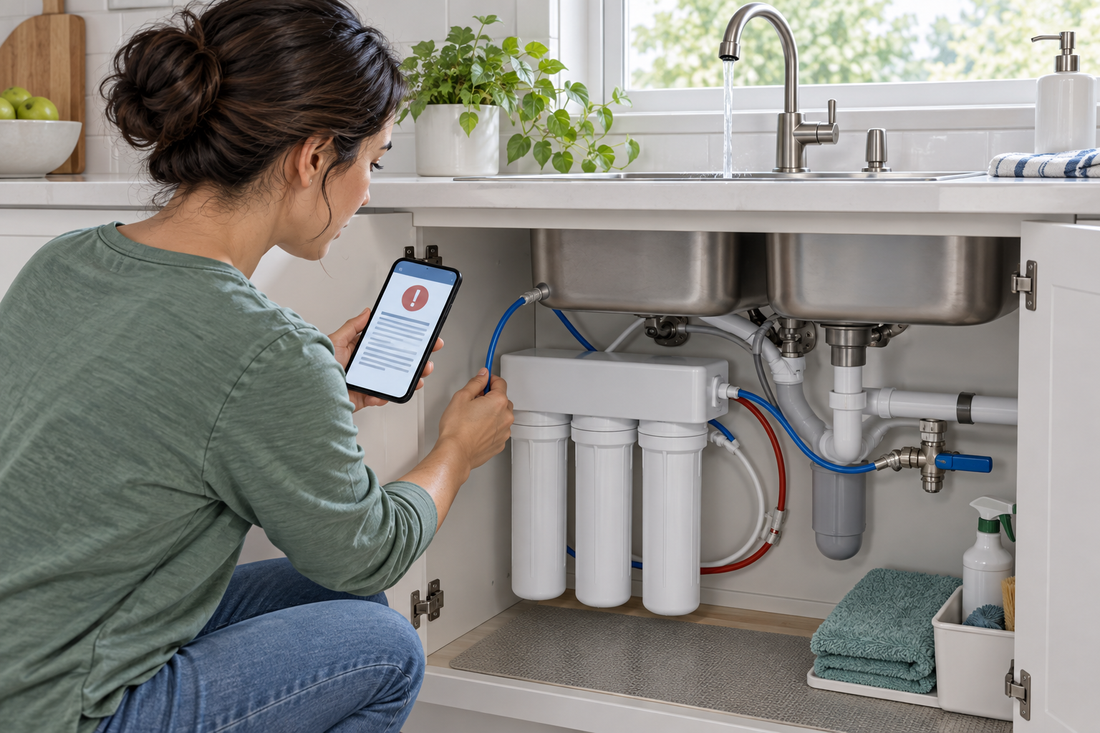 AI illustrative concept of a homeowner checking an official water advisory while inspecting an under-sink RO system