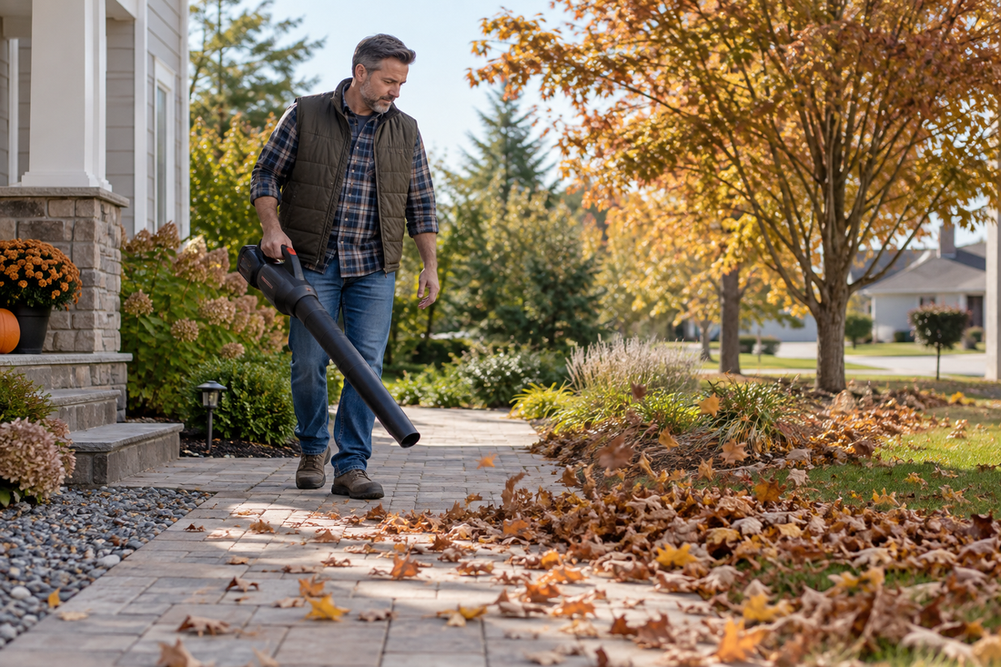 AI illustrative concept of controlled leaf blowing beside gravel