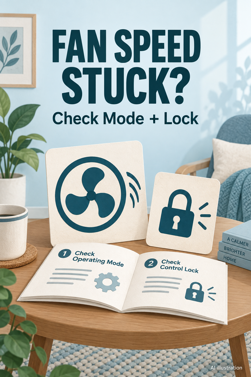 AI illustration of a manual, a fan symbol, and a control-lock symbol with the words Fan Speed Stuck? Check Mode + Lock.