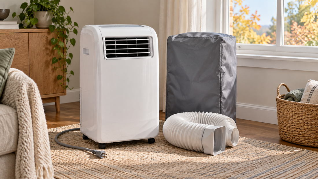 AI-generated illustration of a portable air conditioner being prepared for seasonal storage