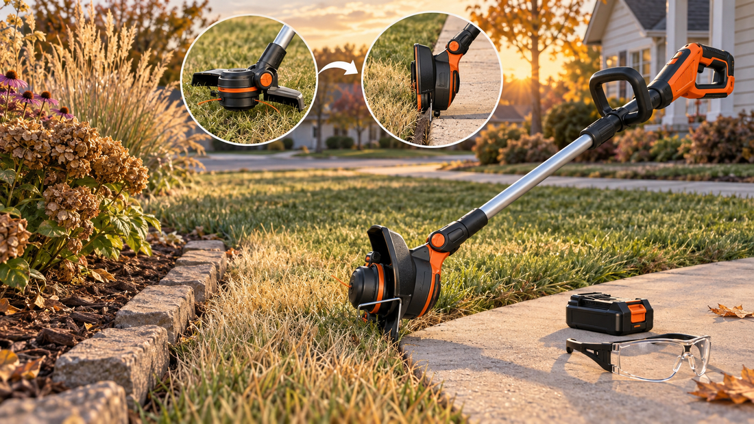 AI illustration of a cordless trimmer changing from trimming to edging beside a lawn border