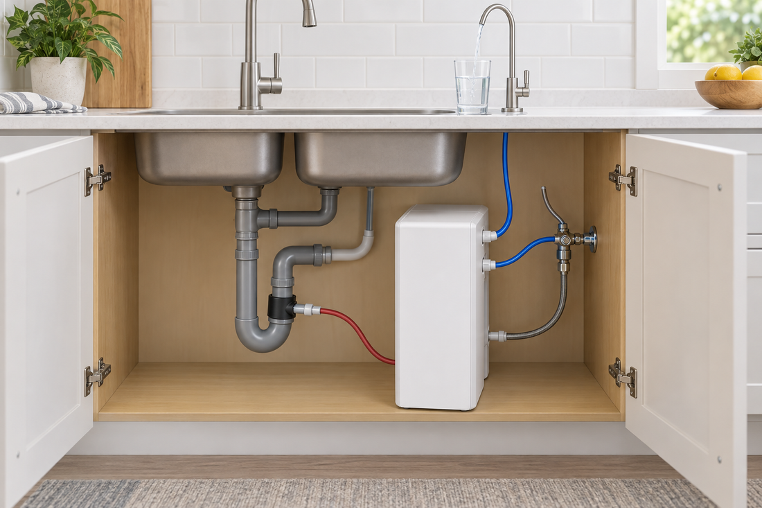 AI illustrative diagram-like kitchen scene showing a tankless reverse osmosis system under a sink