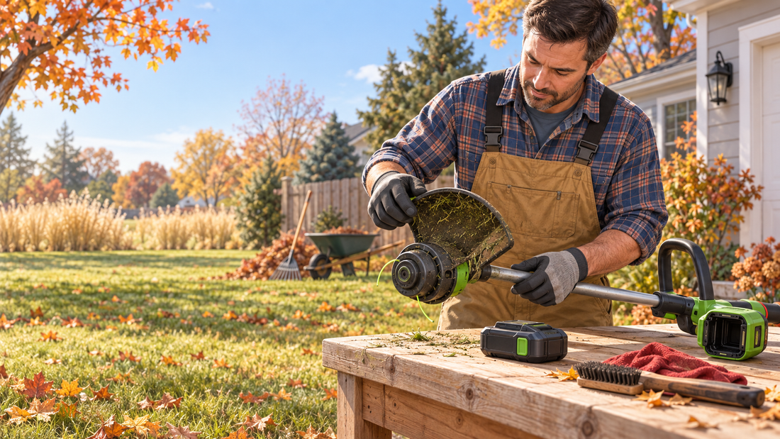 AI illustration of a cordless grass trimmer being inspected before fall use