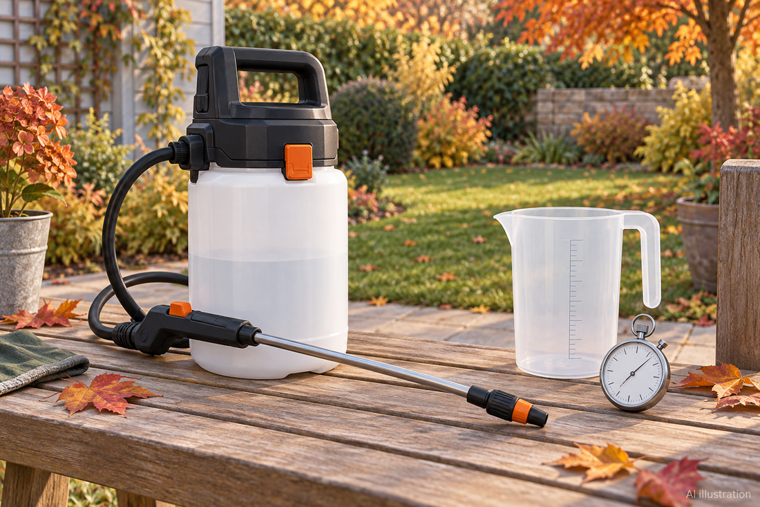 AI illustration of an unused garden sprayer, graduated jug and stopwatch on a bench