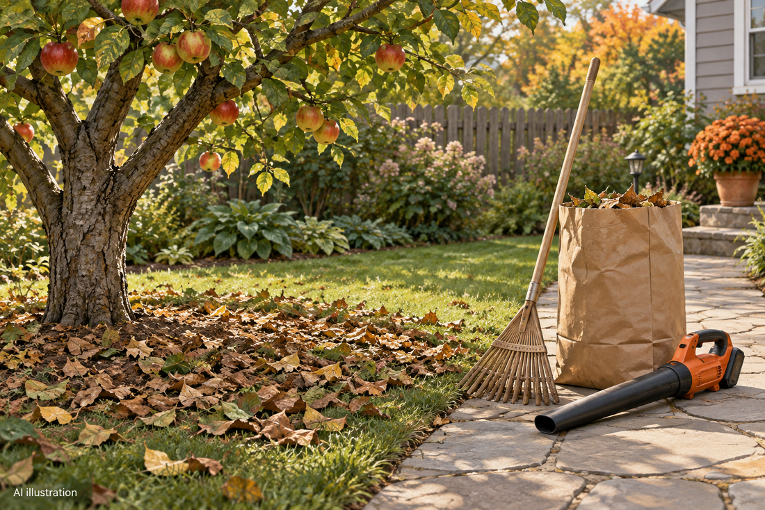 AI illustration of fallen leaves beneath an apple tree with a rake, collection bag, and parked cordless blower