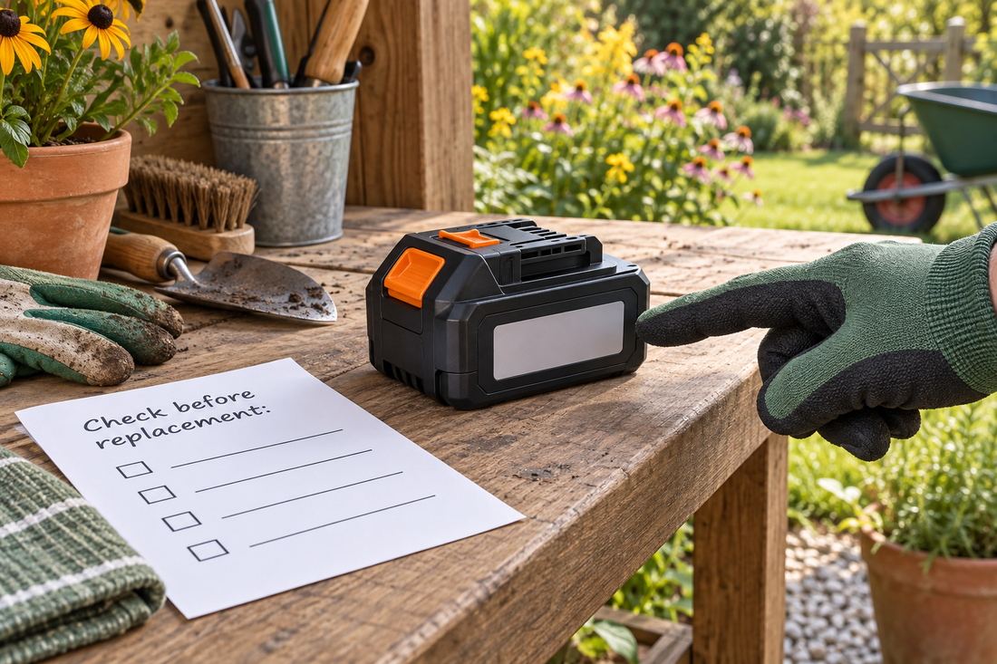 AI illustration of an unbranded battery and a model-checking worksheet; not an official product image