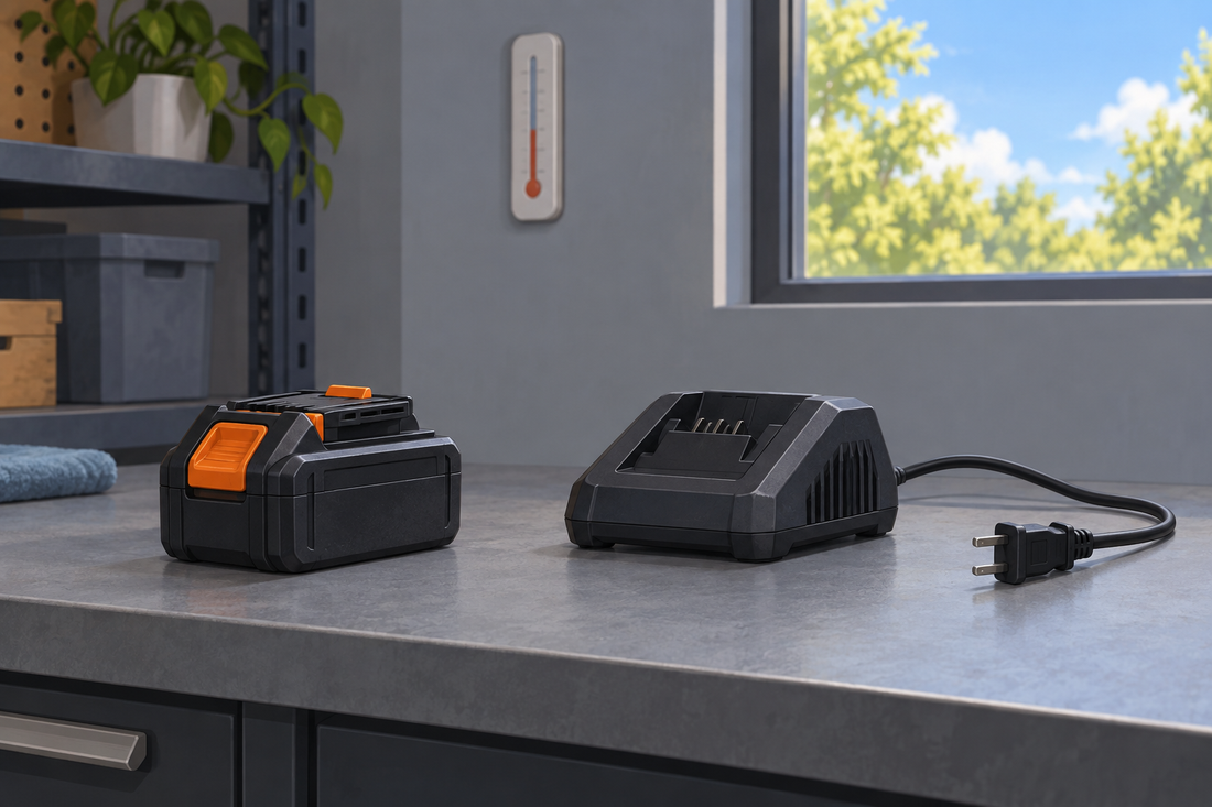 AI-generated illustration of an unplugged charger and separate tool battery on a clear shaded work surface