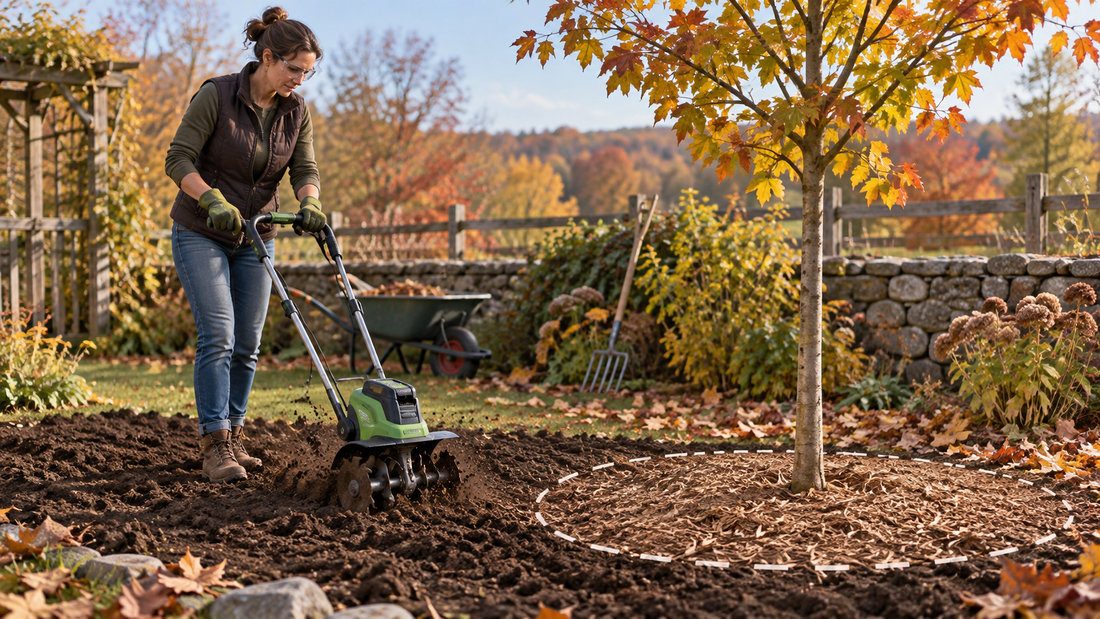 AI illustration of using a cordless tiller away from tree roots