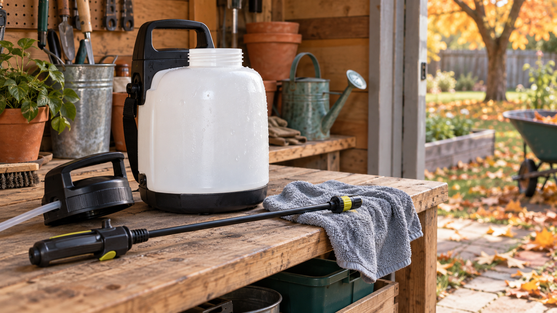 AI-generated illustration of a one-gallon garden sprayer being inspected on a workbench