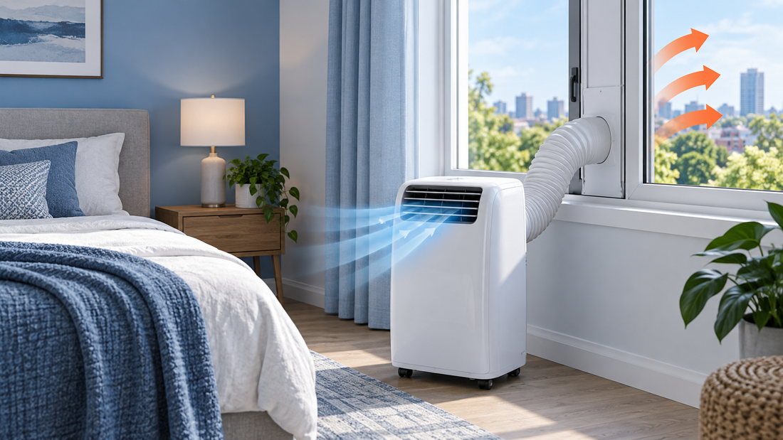 AI illustrative diagram of a portable air conditioner vented through a sliding window