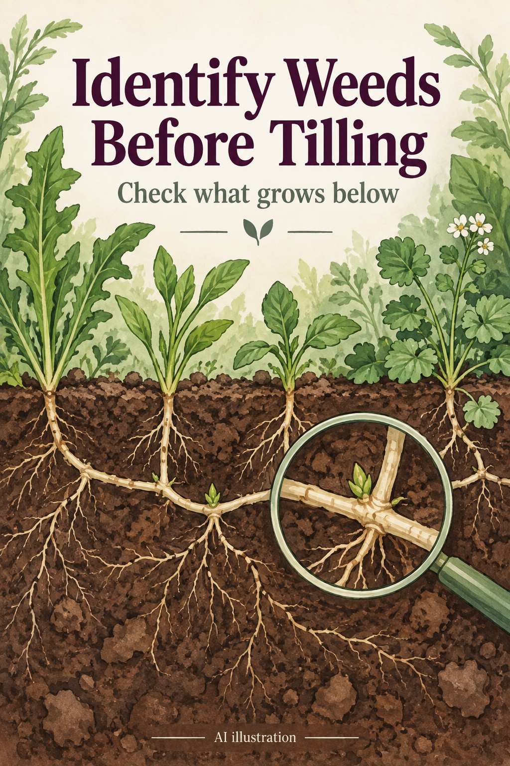 AI illustration of creeping weed shoots connected by underground growth in a soil cutaway, with the words Identify Weeds Before Tilling.