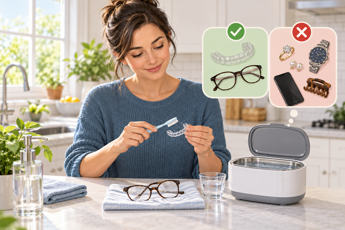 AI illustration of a homeowner cleaning a removable retainer near an ultrasonic cleaner, with safe and unsafe item examples