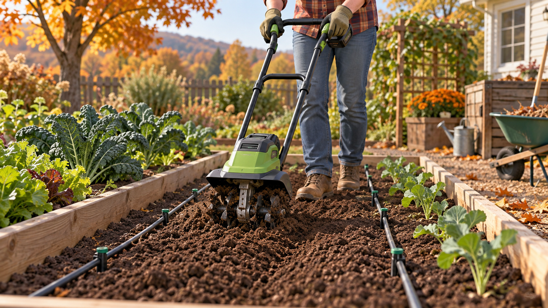 AI illustration of a cordless tiller working between marked drip irrigation lines in a raised bed