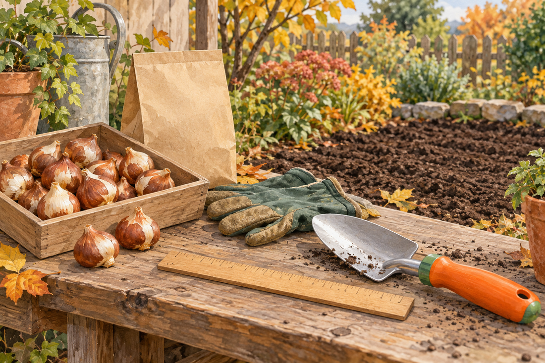 AI illustration of fall bulbs, a ruler and an orange-handled trowel beside a prepared garden bed