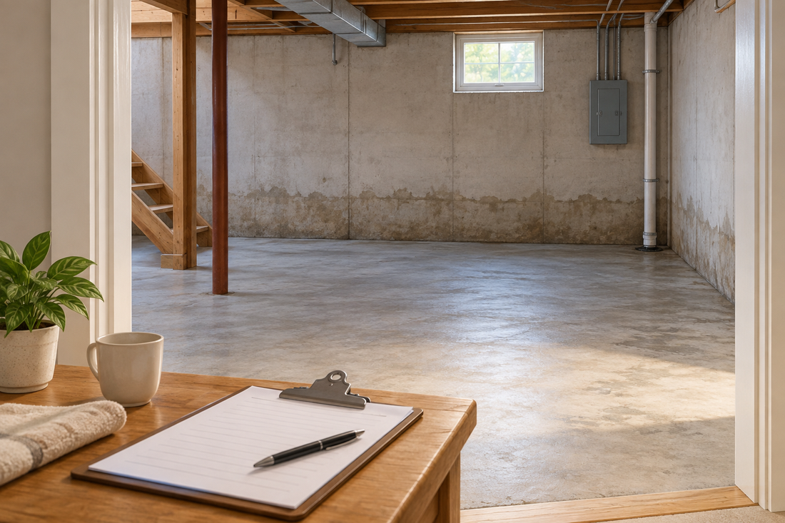 AI illustration of an empty basement assessment scene; not an actual restoration result