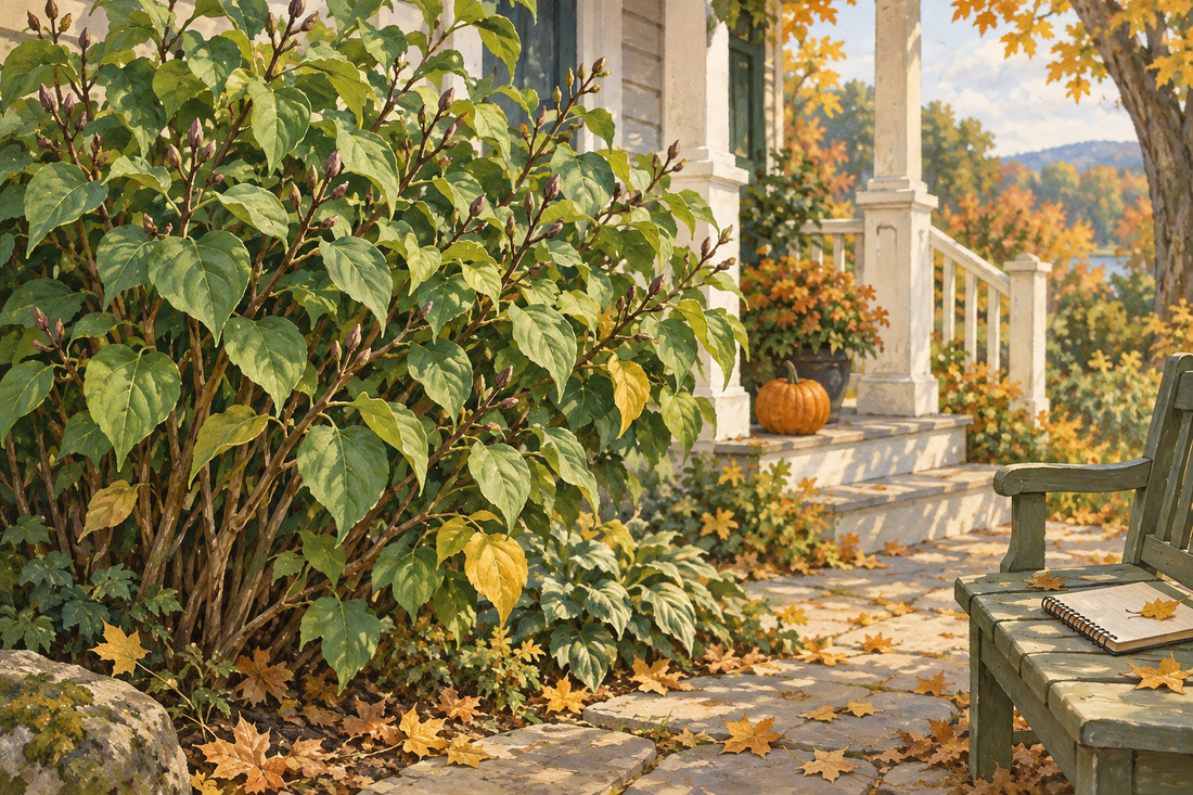 AI-generated botanical illustration of intact lilac buds beside an autumn porch, with a planning notebook and no pruning underway.