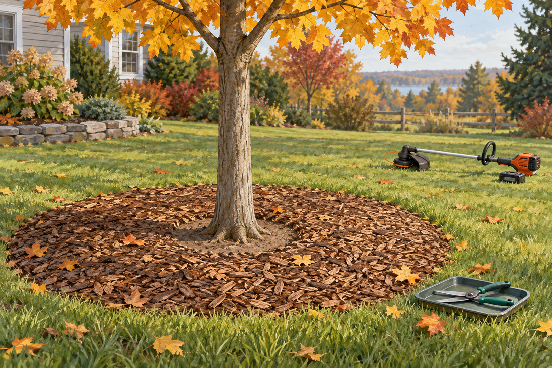 AI illustration of a young autumn tree with a broad mulch ring and exposed trunk flare, with a resting trimmer far outside the ring