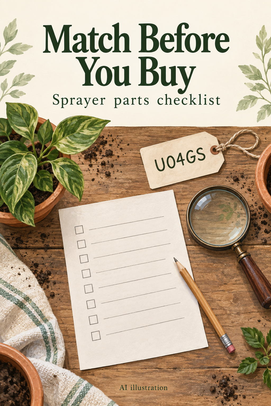 AI illustration of a sprayer-parts shopping checklist with a U04GS model tag on a potting bench.