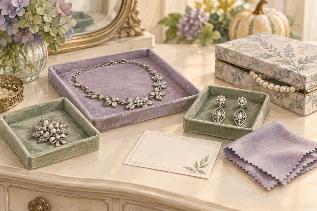 AI illustration of costume jewelry separated into dry trays with a soft cloth before Halloween