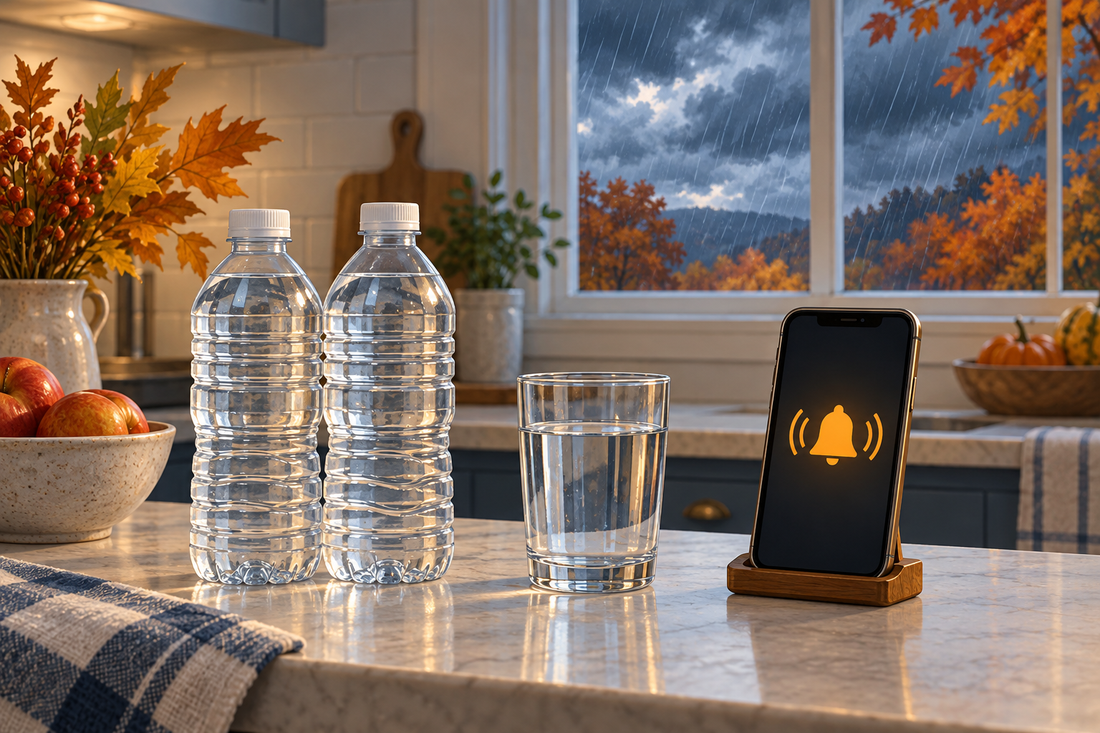AI preparedness illustration of bottled water and a phone alert in an autumn kitchen