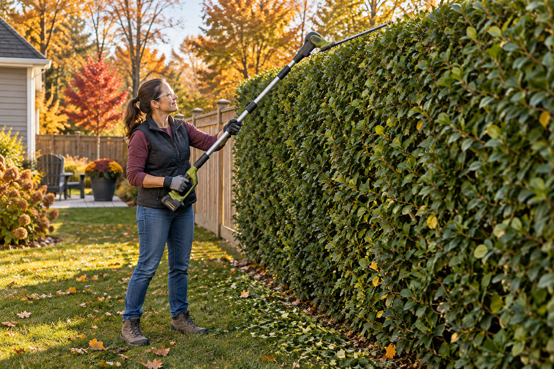 AI illustrative image for how can you trim a tall hedge safely from the ground?; not a product photograph
