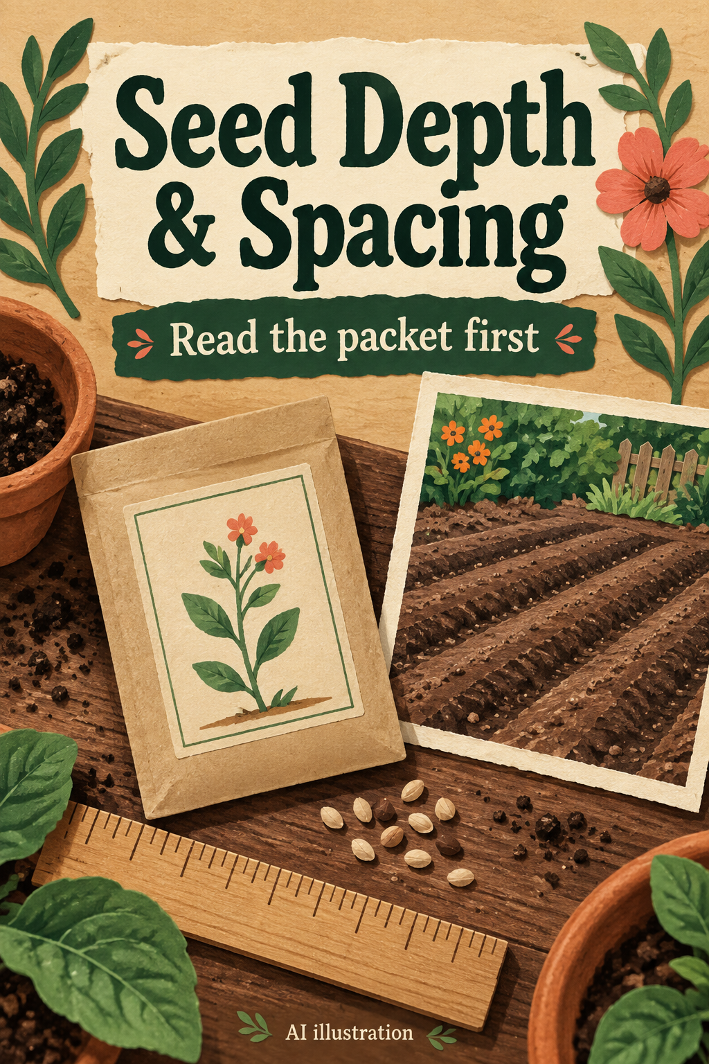 AI illustration of a seed packet, ruler and planting furrows, with the words Seed Depth & Spacing and Read the packet first.