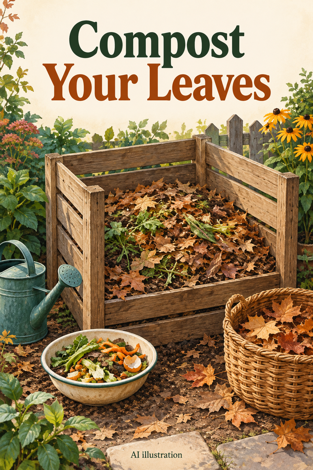 AI illustration of dry leaves, vegetable trimmings, and a mixed backyard compost pile, with the words Compost Your Leaves.