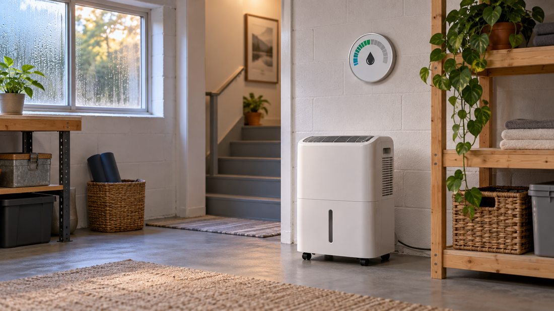 AI-generated illustration of a portable dehumidifier in a basement; not an official product photo or test result