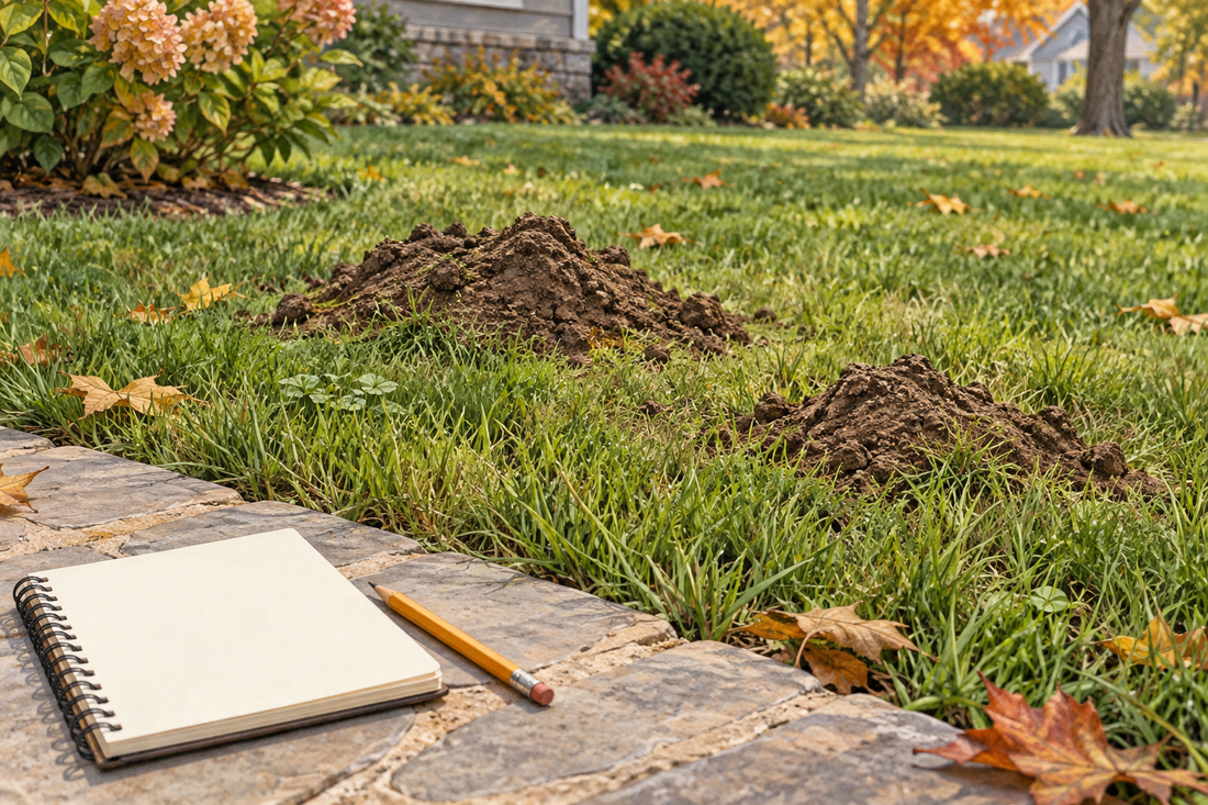 AI-generated illustration of fresh fan-shaped soil mounds in a lawn beside a garden observation notebook.