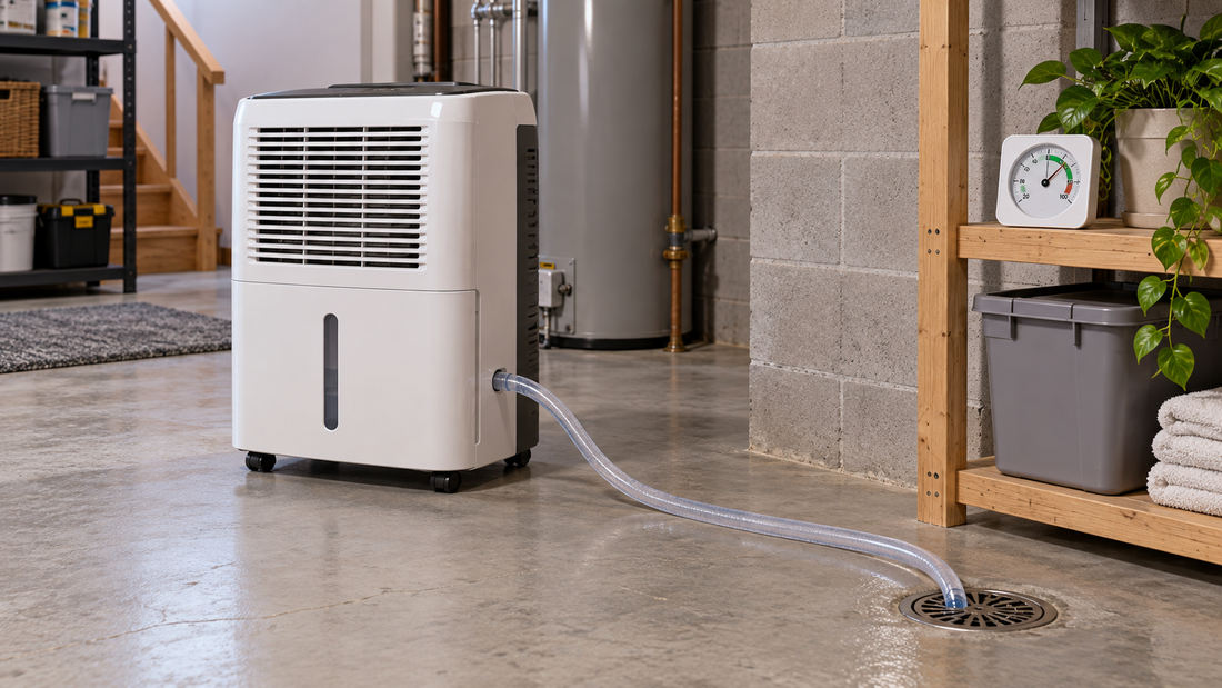 AI illustrative dehumidifier draining through a hose to a basement floor drain