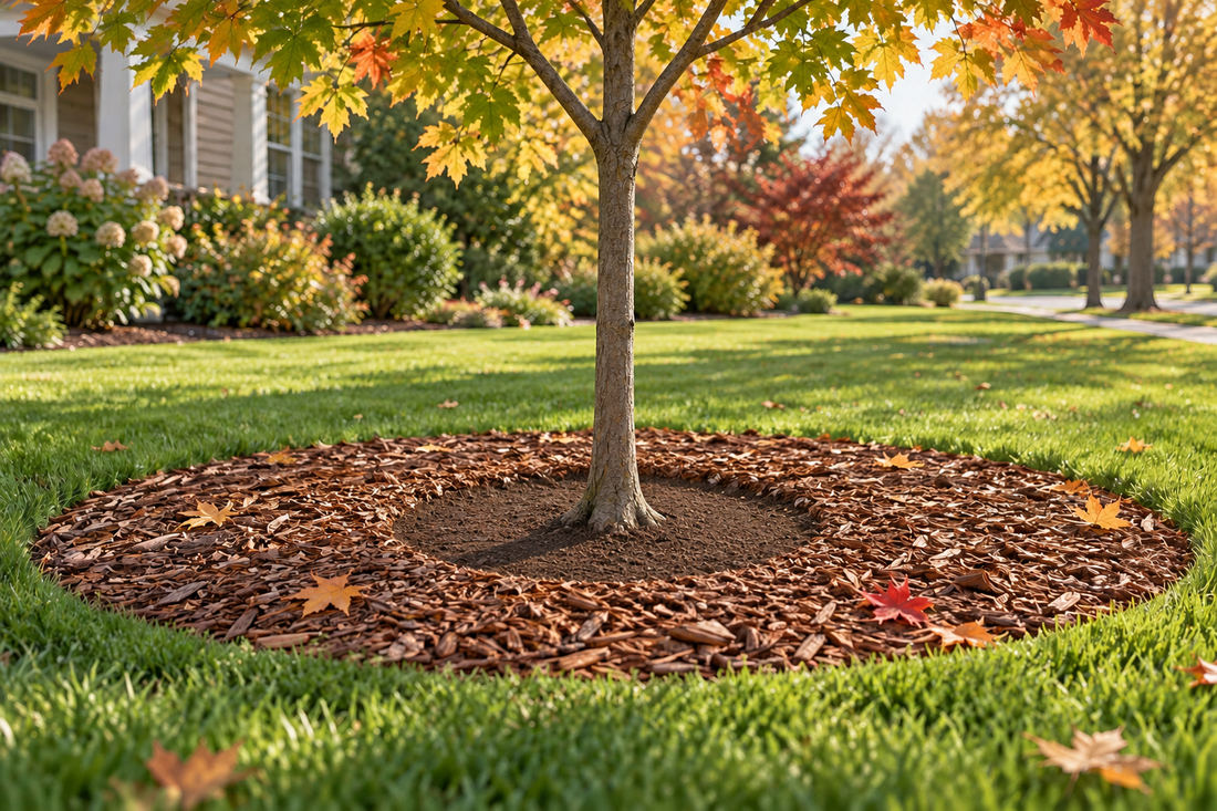 AI-generated illustration of a young tree with a flat mulch ring and clear trunk base.