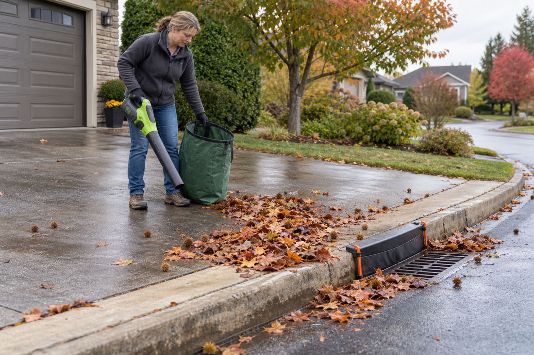 AI-generated illustrative image of a homeowner clearing leaves beside a protected storm drain
