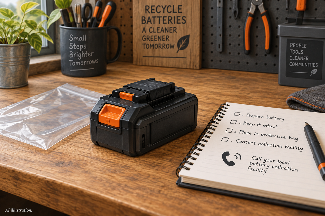 AI illustration of an intact retired tool battery with protected terminals beside a battery collection checklist