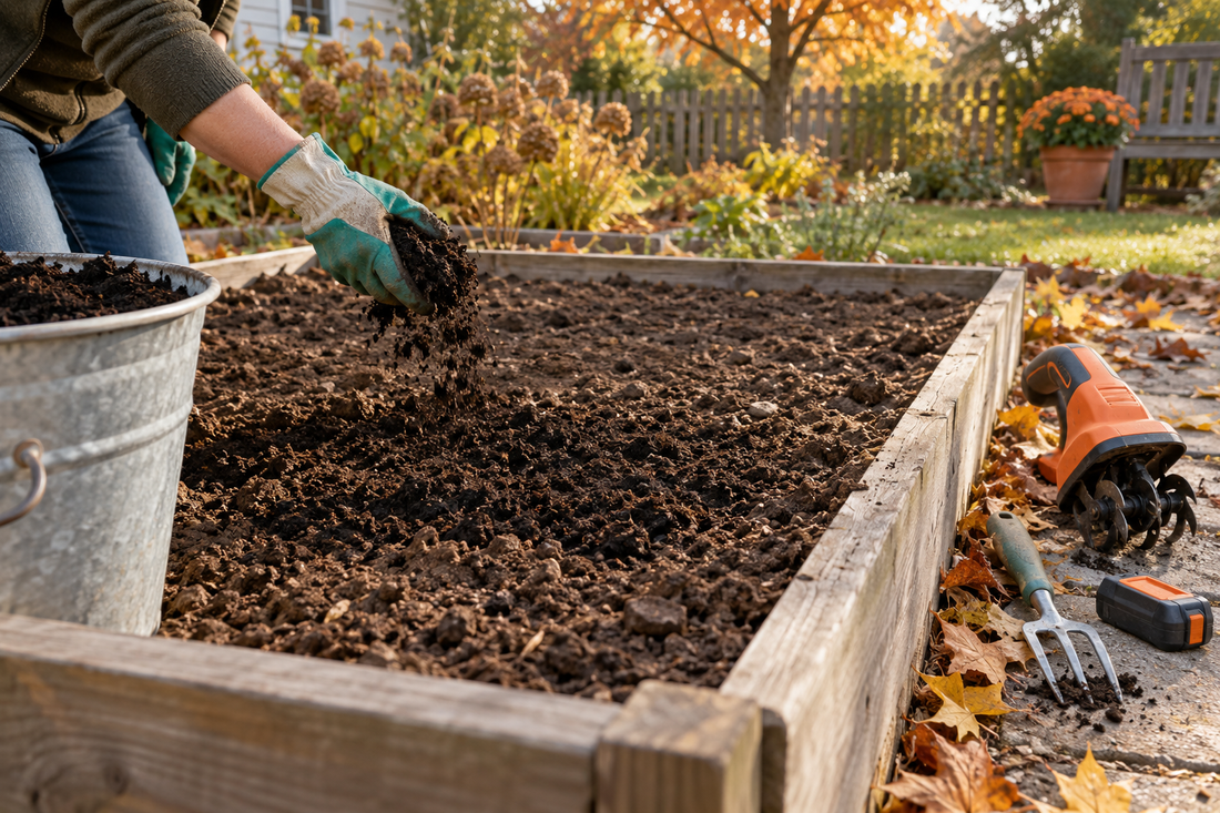 AI illustration of a gardener spreading finished compost on an empty fall vegetable bed beside a resting generic cultivator