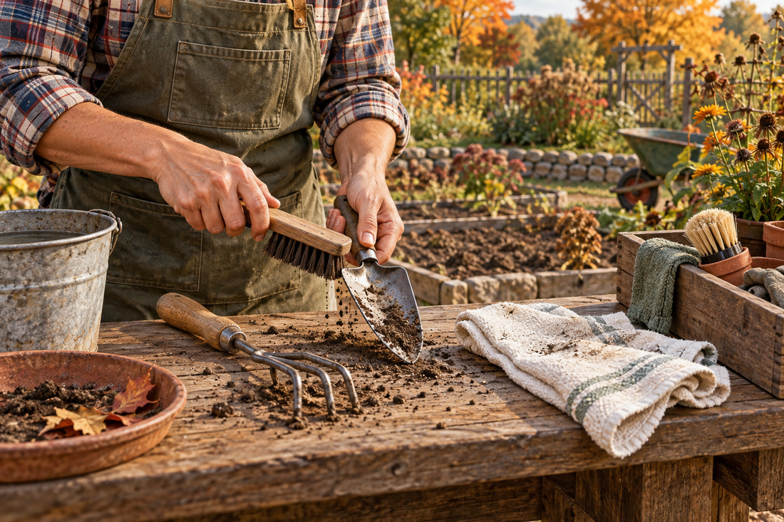 AI-generated illustration of hand garden tools being brushed clean after dry soil work