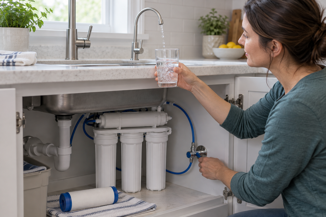 AI illustration of an RO faucet releasing air bubbles after filter service