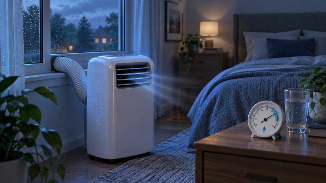 AI illustration of a portable AC in a cool humid bedroom on a September evening