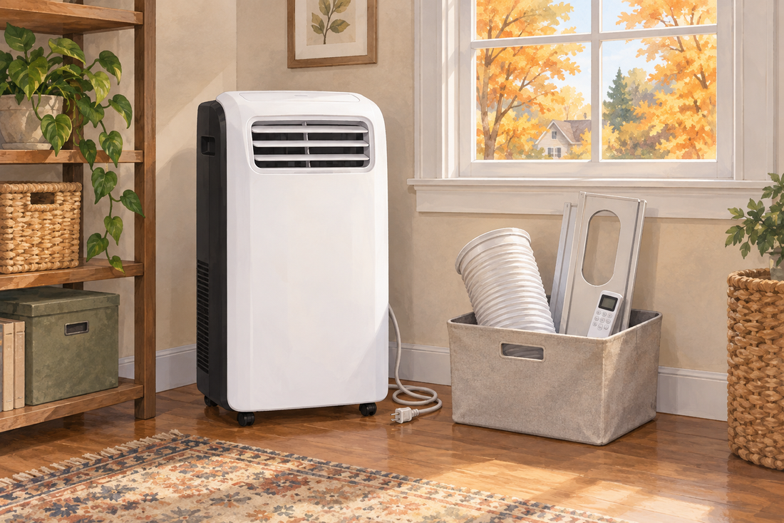 AI illustration of an upright unplugged portable air conditioner and its detached accessories in autumn storage